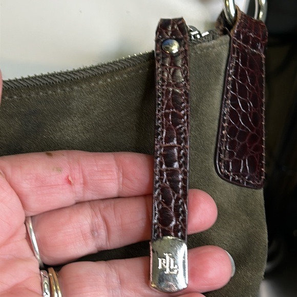 RALPH LAUREN GREEN SUEDE LEATHER, ANIMAL PRINT LEATHER STRAPS PURSE - Picture 7 of 14